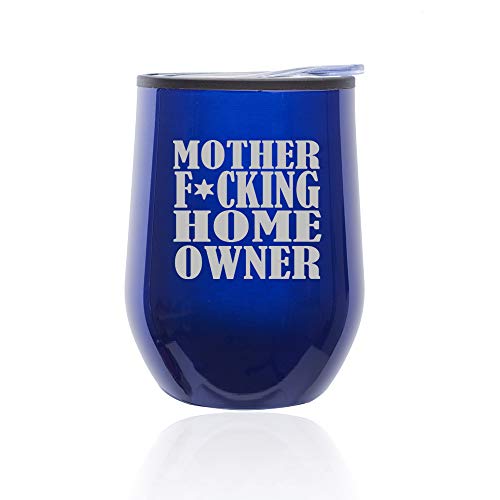 Stemless Wine Tumbler Coffee Travel Mug Glass With Lid Mother F ing Home Owner House Warming (Blue)