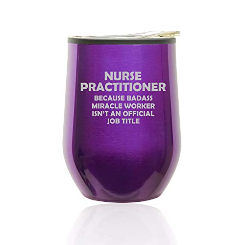 Stemless Wine Tumbler Coffee Travel Mug Glass With Lid NP Nurse Practitioner Miracle Worker Job Title Funny (Royal Purple)