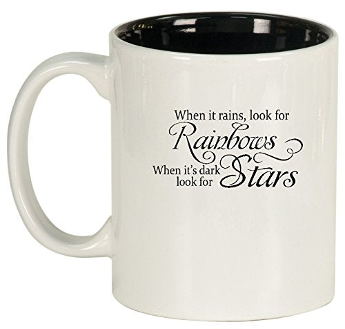 Ceramic Coffee Tea Mug Cup Rainbows & Stars Quote When It Rains (White)
