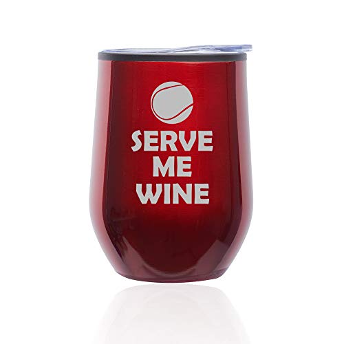 Stemless Wine Tumbler Coffee Travel Mug Glass With Lid Tennis Serve Me Wine (Red)