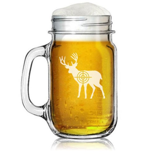 16oz Mason Jar Glass Mug w/ Handle Deer With Bullseye Hunting