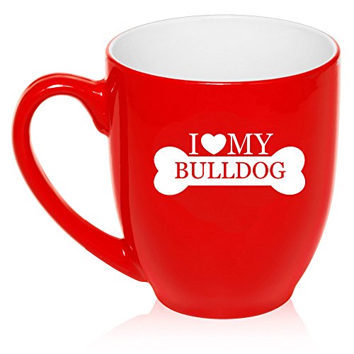 16 oz Large Bistro Mug Ceramic Coffee Tea Glass Cup I Love My Bulldog (Red)