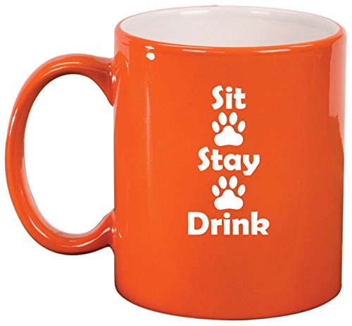 Ceramic Coffee Tea Mug Cup Sit Stay Drink Funny Paw Prints Dog Cat Animal Lover (Orange)