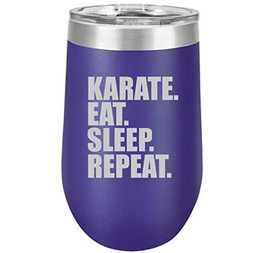 16 oz Double Wall Vacuum Insulated Stainless Steel Stemless Wine Tumbler Glass Coffee Travel Mug With Lid Karate Eat Sleep Repeat (Purple)