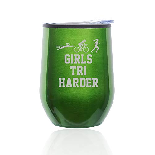 Stemless Wine Tumbler Coffee Travel Mug Glass With Lid Triathlon Girls Tri Harder Swim Bike Run (Green)