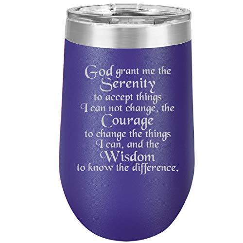 16 oz Double Wall Vacuum Insulated Stainless Steel Stemless Wine Tumbler Glass Coffee Travel Mug With Lid Serenity Quote (Purple)