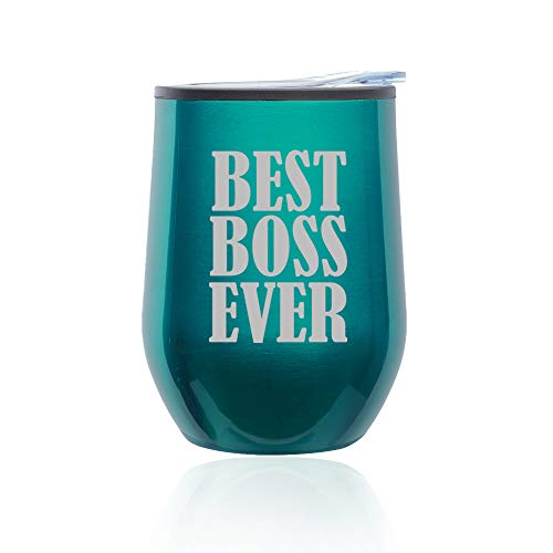 Stemless Wine Tumbler Coffee Travel Mug Glass With Lid Best Boss Ever (Turquoise Teal)