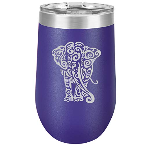 16 oz Double Wall Vacuum Insulated Stainless Steel Stemless Wine Tumbler Glass Coffee Travel Mug With Lid Tribal Elephant (Purple)
