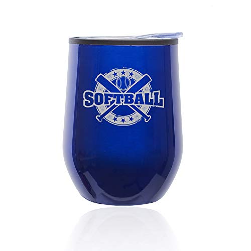 Stemless Wine Tumbler Coffee Travel Mug Glass With Lid Softball Vintage (Blue)