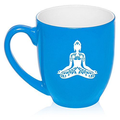 16 oz Large Bistro Mug Ceramic Coffee Tea Glass Cup Buddha Yoga Lotus (Light Blue)