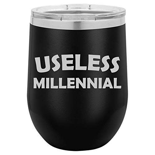 12 oz Double Wall Vacuum Insulated Stainless Steel Stemless Wine Tumbler Glass Coffee Travel Mug With Lid Useless Millennial Funny (Black)