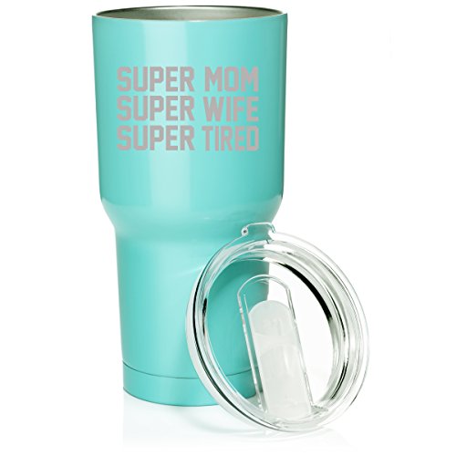 30 oz. Tumbler Stainless Steel Vacuum Insulated Travel Mug Super Mom Wife Tired (Light Blue)