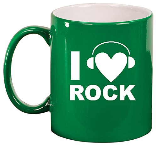 Ceramic Coffee Tea Mug Cup I Heart Love Rock Music Headphones (Green)