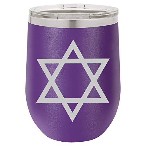 12 oz Double Wall Vacuum Insulated Stainless Steel Stemless Wine Tumbler Glass Coffee Travel Mug With Lid Jewish Star Of David (Purple)
