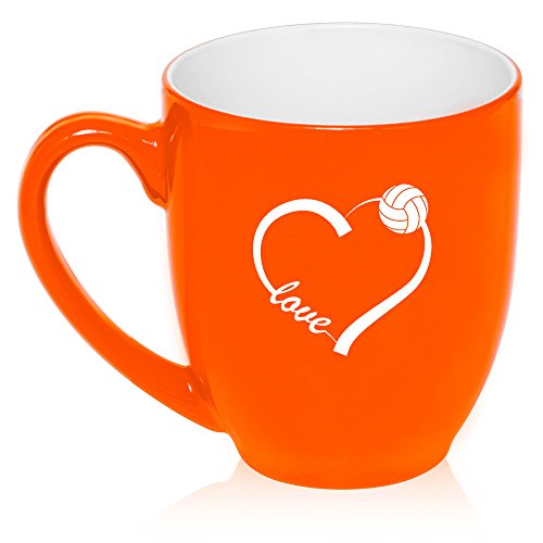 16 oz Large Bistro Mug Ceramic Coffee Tea Glass Cup Love Heart Volleyball (Orange)