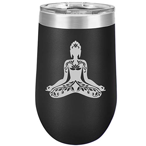 16 oz Double Wall Vacuum Insulated Stainless Steel Stemless Wine Tumbler Glass Coffee Travel Mug With Lid Buddha Yoga Lotus (Black)