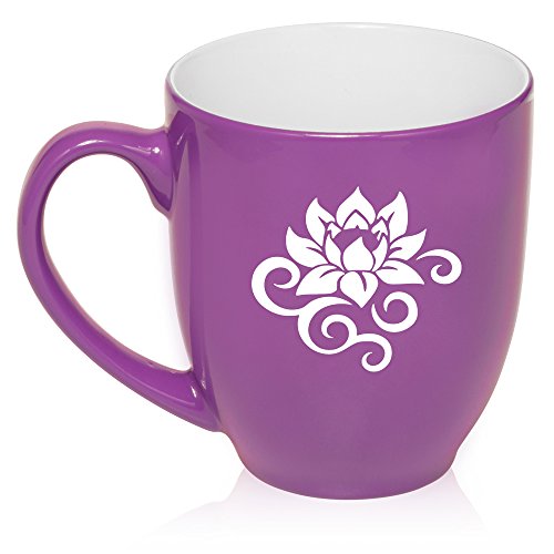 16 oz Large Bistro Mug Ceramic Coffee Tea Glass Cup Lotus Flower Scroll (Purple)
