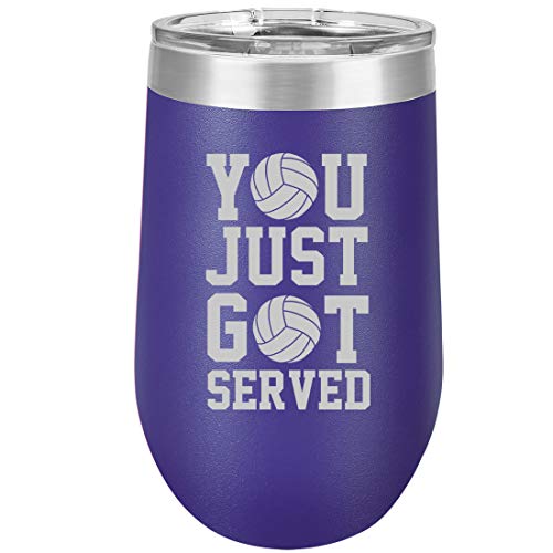 16 oz Double Wall Vacuum Insulated Stainless Steel Stemless Wine Tumbler Glass Coffee Travel Mug With Lid You Just Got Served Volleyball (Purple)