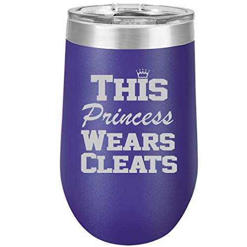 16 oz Double Wall Vacuum Insulated Stainless Steel Stemless Wine Tumbler Glass Coffee Travel Mug With Lid This Princess Wears Cleats Softball Soccer Lacrosse (Purple)