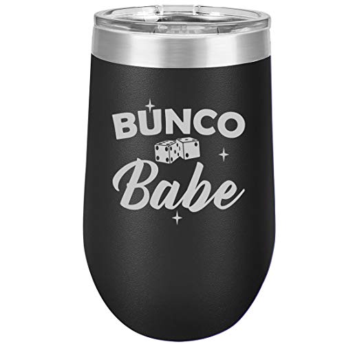 16 oz Double Wall Vacuum Insulated Stainless Steel Stemless Wine Tumbler Glass Coffee Travel Mug With Lid Bunco Babe (Black)