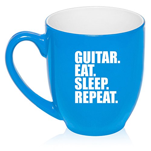 16 oz Large Bistro Mug Ceramic Coffee Tea Glass Cup Guitar Eat Sleep Repeat (Light Blue)