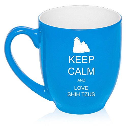 16 oz Large Bistro Mug Ceramic Coffee Tea Glass Cup Keep Calm and Love Shih Tzus (Light Blue)