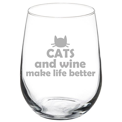 17 oz Stemless Wine Glass Funny Cats and Wine Make Life Better