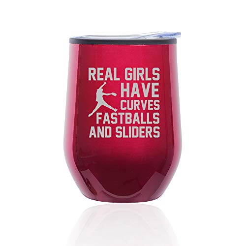 Stemless Wine Tumbler Coffee Travel Mug Glass With Lid Real Girls Curves Softball (Fuchsia)