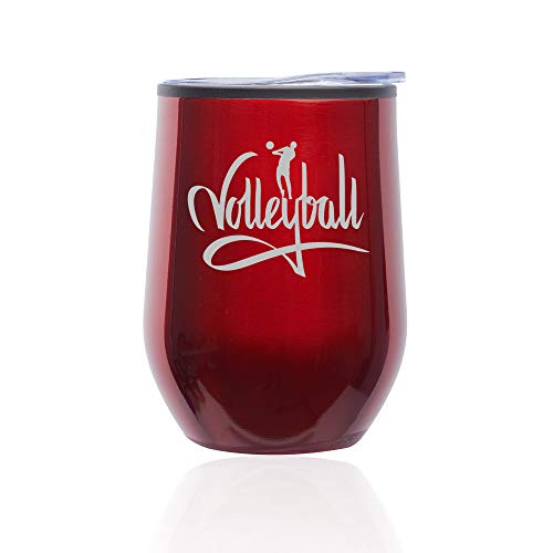 Stemless Wine Tumbler Coffee Travel Mug Glass With Lid Volleyball Calligraphy (Red)