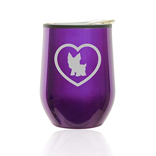 Stemless Wine Tumbler Coffee Travel Mug Glass With Lid Yorkie Heart (Royal Purple)