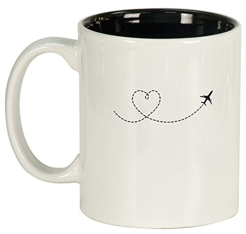 Ceramic Coffee Tea Mug Heart Love Travel Airplane (White)