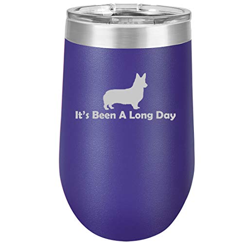 16 oz Double Wall Vacuum Insulated Stainless Steel Stemless Wine Tumbler Glass Coffee Travel Mug With Lid It's Been A Long Day Corgi (Purple)