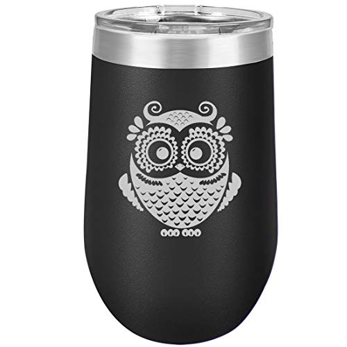 16 oz Double Wall Vacuum Insulated Stainless Steel Stemless Wine Tumbler Glass Coffee Travel Mug With Lid Owl Vintage (Black)