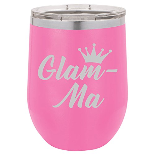 12 oz Double Wall Vacuum Insulated Stainless Steel Stemless Wine Tumbler Glass Coffee Travel Mug With Lid Glam-Ma Mom Mother Grandmother Grandma (Hot-Pink)