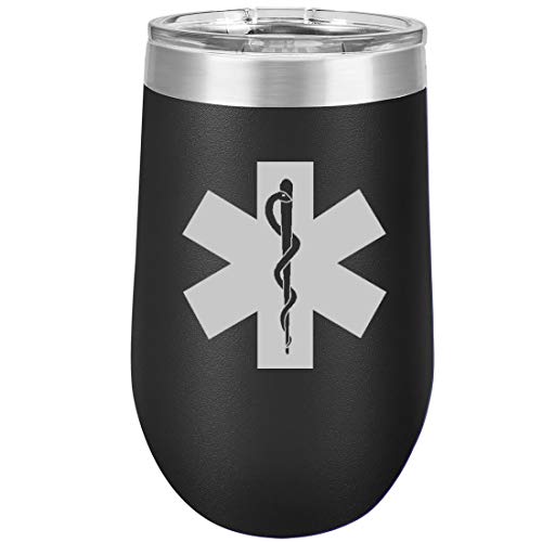 16 oz Double Wall Vacuum Insulated Stainless Steel Stemless Wine Tumbler Glass Coffee Travel Mug With Lid Star Of Life EMT Paramedic (Black)