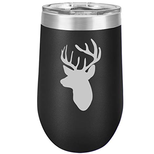16 oz Double Wall Vacuum Insulated Stainless Steel Stemless Wine Tumbler Glass Coffee Travel Mug With Lid Deer Head With Antlers Hunting (Black)