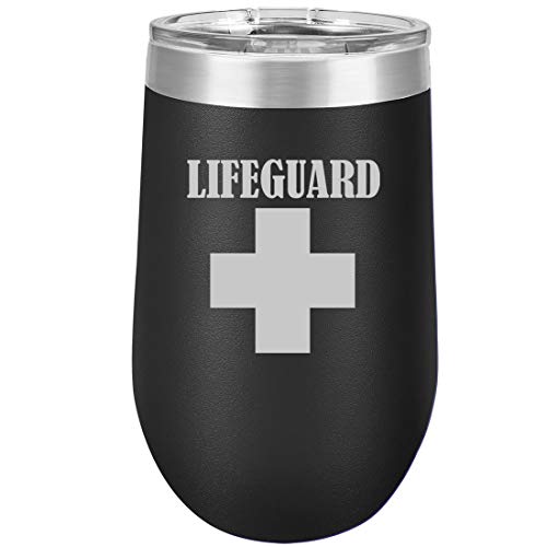 16 oz Double Wall Vacuum Insulated Stainless Steel Stemless Wine Tumbler Glass Coffee Travel Mug With Lid Lifeguard (Black)