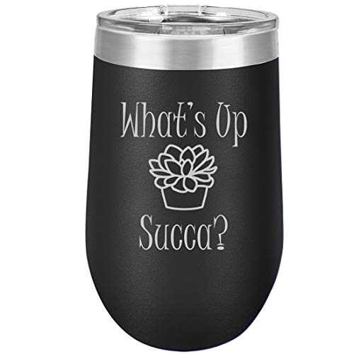 16 oz Double Wall Vacuum Insulated Stainless Steel Stemless Wine Tumbler Glass Coffee Travel Mug With Lid What's Up Succa Funny Cactus Succulent (Black)