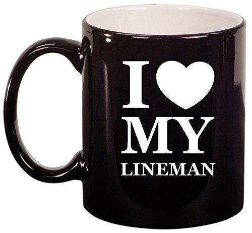 Ceramic Coffee Tea Mug Cup I Love Heart My Lineman (Black)