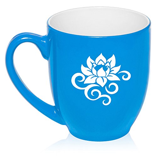 16 oz Large Bistro Mug Ceramic Coffee Tea Glass Cup Lotus Flower Scroll (Light Blue)