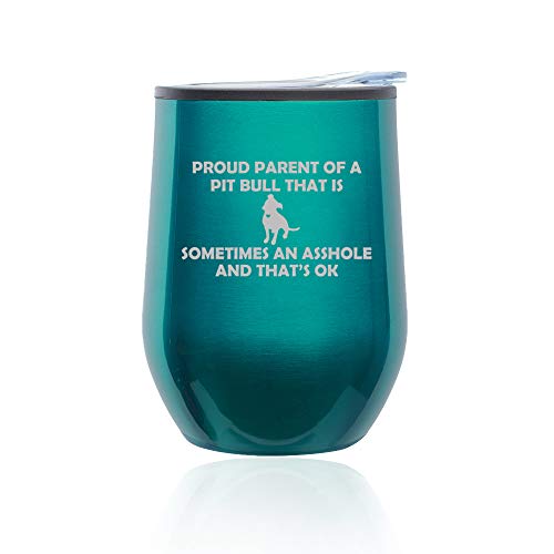 Stemless Wine Tumbler Coffee Travel Mug Glass With Lid Proud Parent Pit Bull (Turquoise Teal)