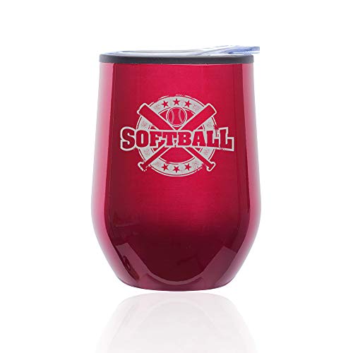Stemless Wine Tumbler Coffee Travel Mug Glass With Lid Softball Vintage (Fuchsia)