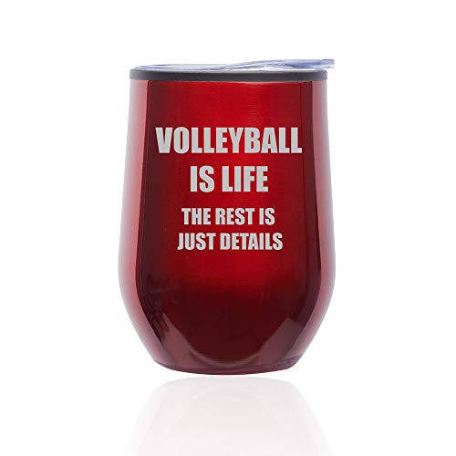 Stemless Wine Tumbler Coffee Travel Mug Glass With Lid Volleyball Is Life (Red)