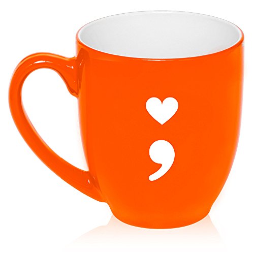 16 oz Large Bistro Mug Ceramic Coffee Tea Glass Cup Heart Semicolon (Orange)