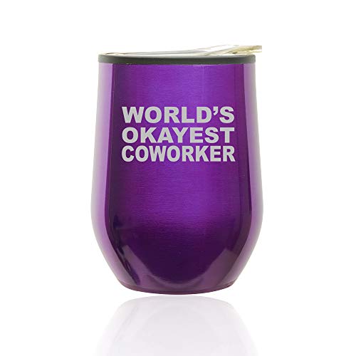 Stemless Wine Tumbler Coffee Travel Mug Glass With Lid World's Okayest Coworker (Royal Purple)