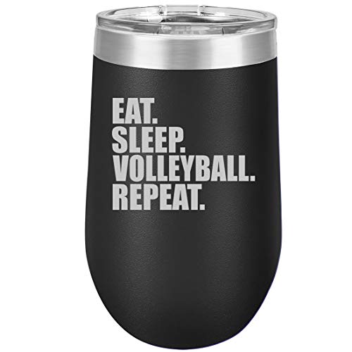 16 oz Double Wall Vacuum Insulated Stainless Steel Stemless Wine Tumbler Glass Coffee Travel Mug With Lid Eat Sleep Volleyball Repeat (Black)