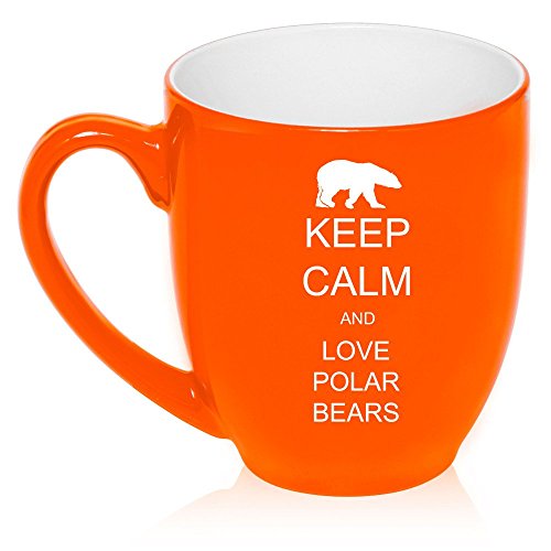 16 oz Large Bistro Mug Ceramic Coffee Tea Glass Cup Keep Calm and Love Polar Bears (Orange)