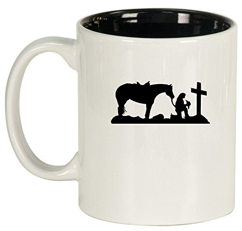 Ceramic Coffee Tea Mug Cup Cowgirl Praying Cross Horse (White)