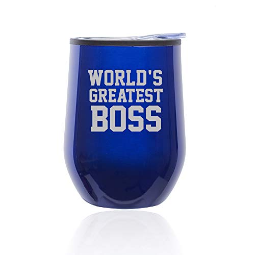 Stemless Wine Tumbler Coffee Travel Mug Glass With Lid World's Greatest Boss (Blue)