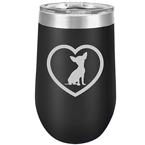16 oz Double Wall Vacuum Insulated Stainless Steel Stemless Wine Tumbler Glass Coffee Travel Mug With Lid Chihuahua Heart (Black)